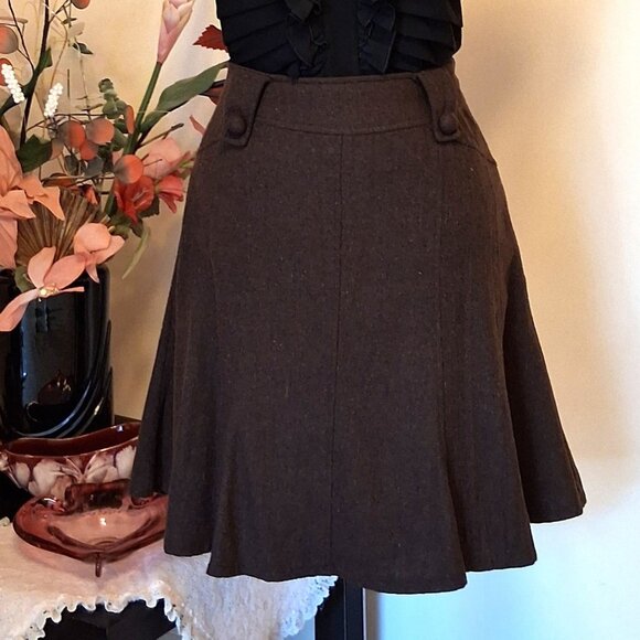 Preowned Brown Wool A-line Flared High Waist Short Lined Skirt - Picture 2 of 9